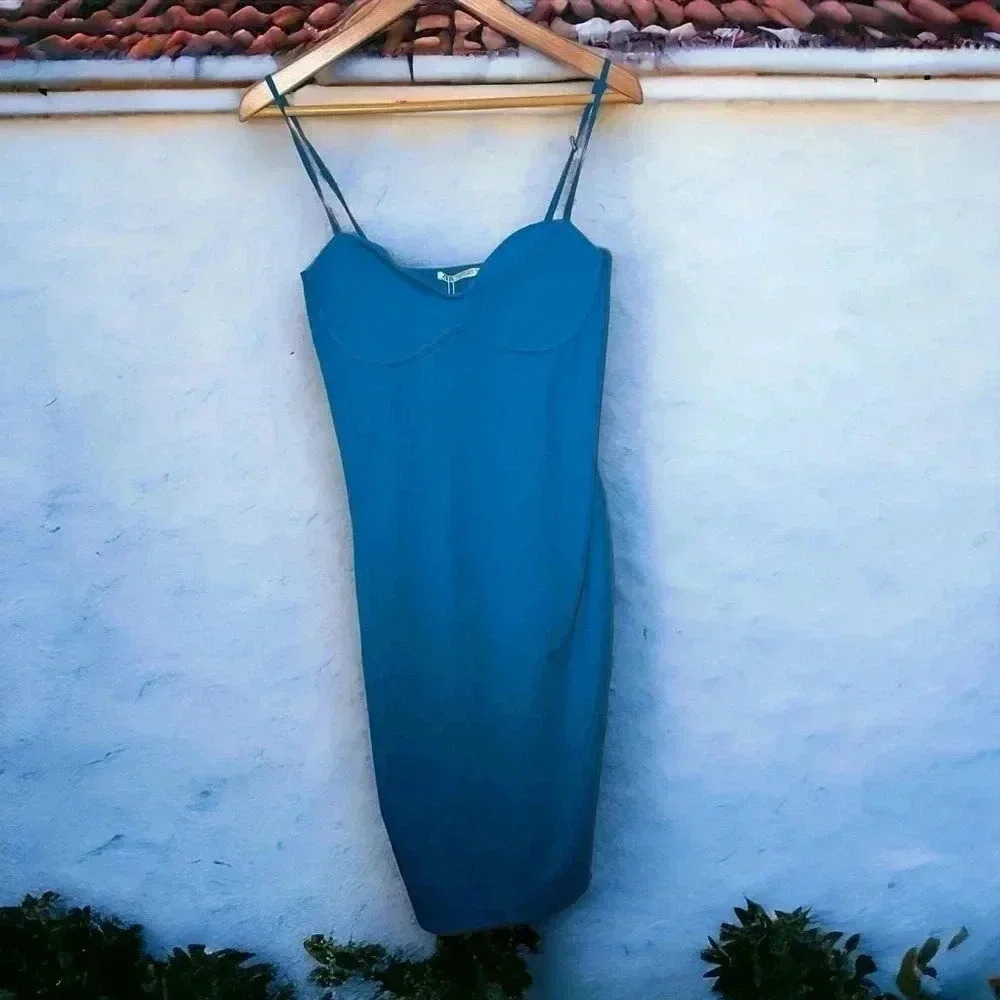NWT ZARA ELECTRIC  BLUE BODYCON SLINKY DRESS Y2K vibes L
